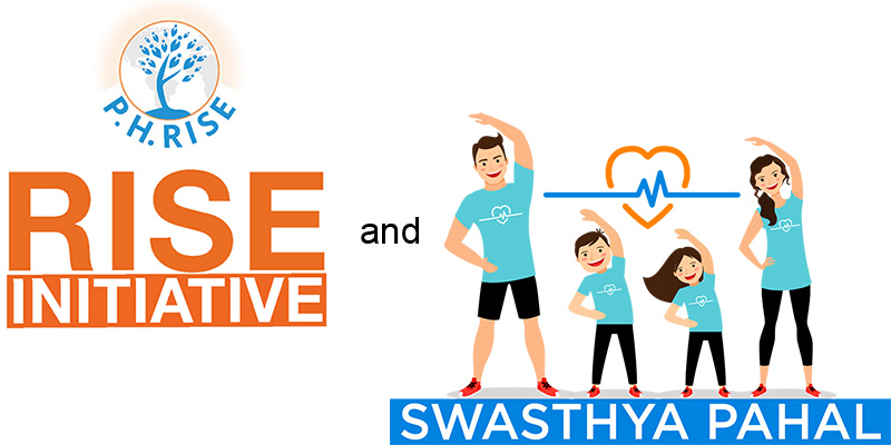 logo of RISE Initiative and logo of Swasthyapahal showing a family of 4 doing exercise